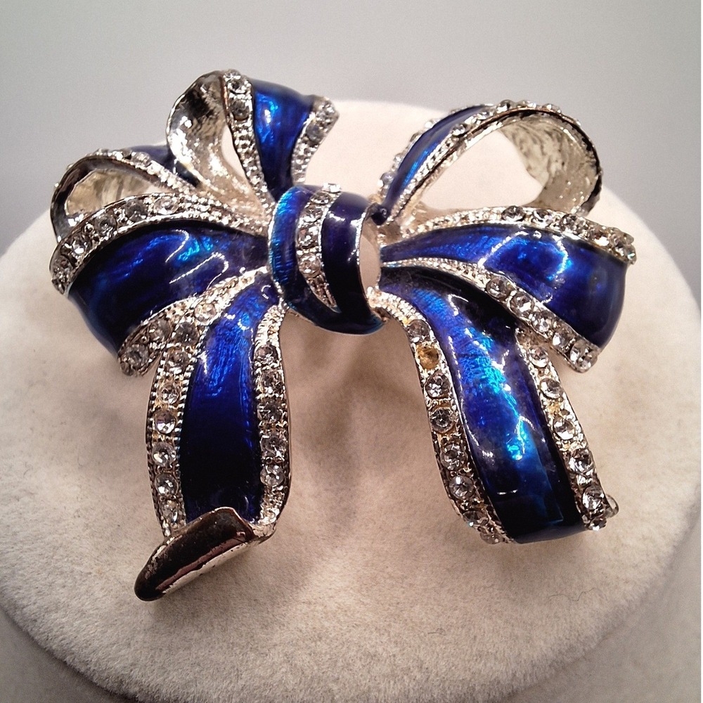 Sapphire blue enamel bow ribbon brooch rhinestone silver tone classic elegant